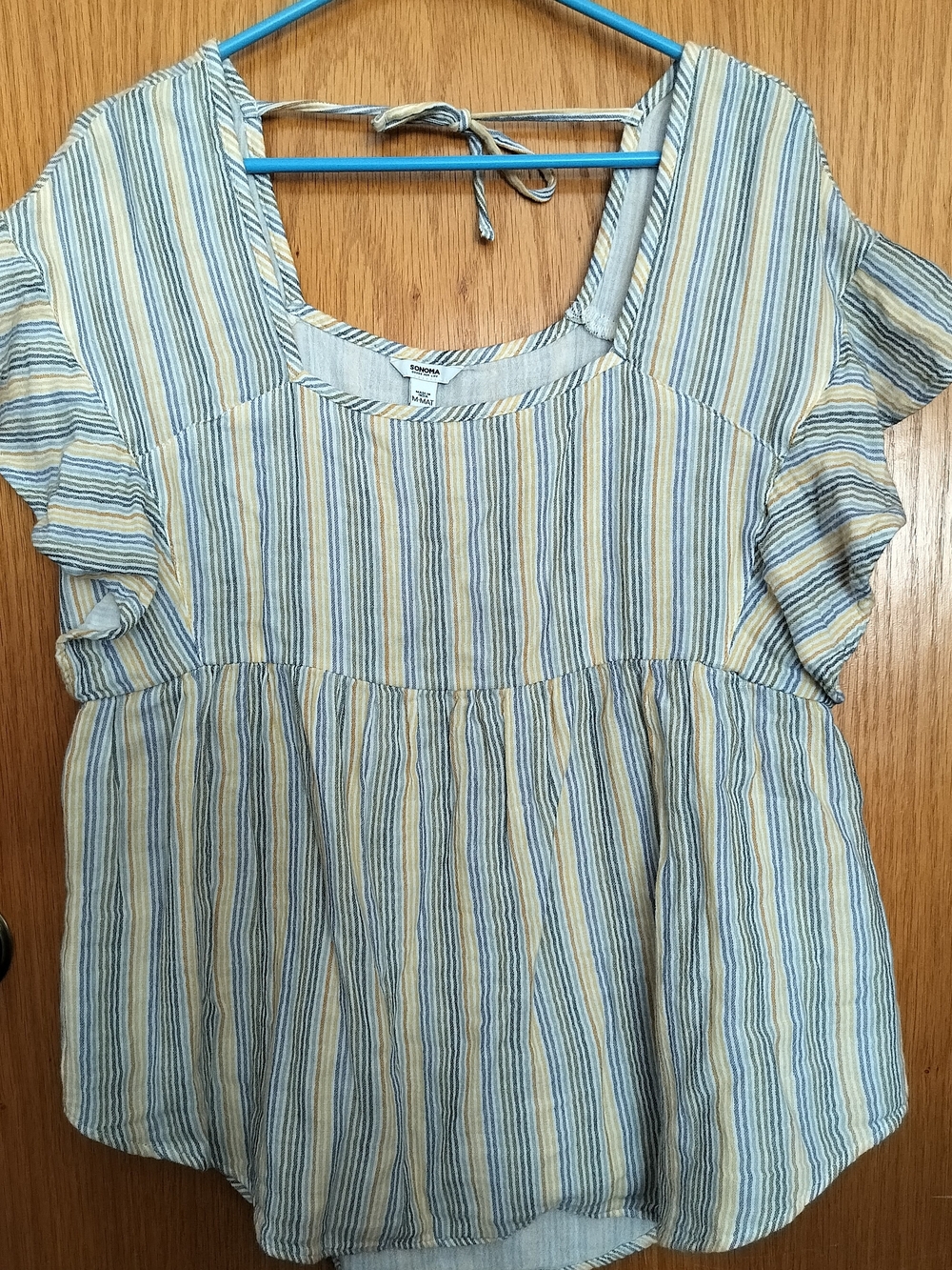 Sonoma Women's Maternity Top Blue Ivory Yellow Green Striped Short Sleeve Sz M